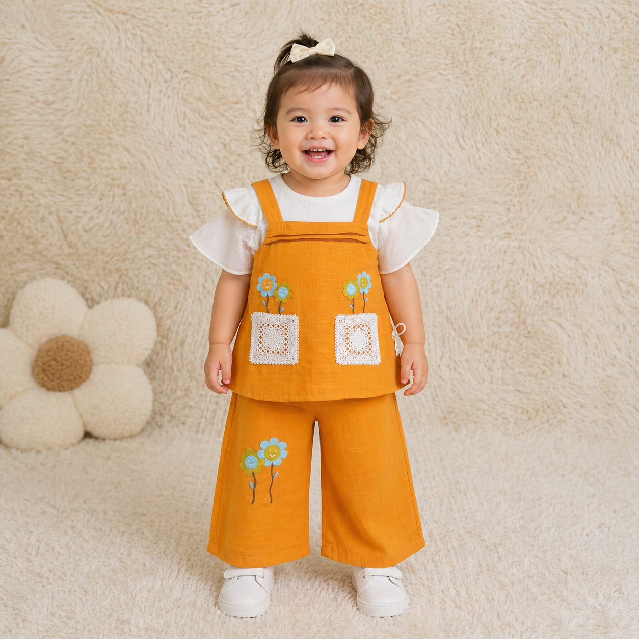 Girls Floral Appliqué Top & Wide Leg Pants Co-Ord Set