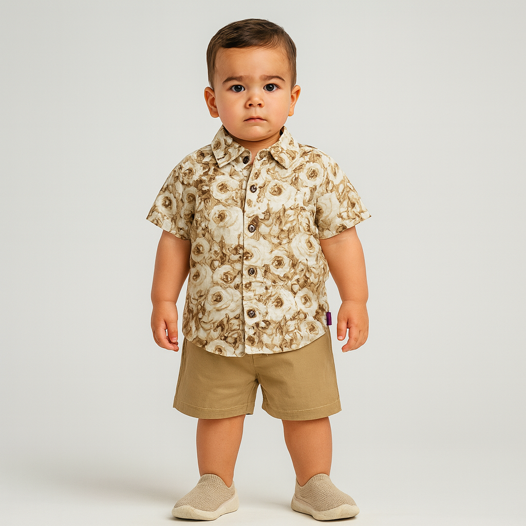 Beige Floral Summer Shirt & Shorts Set for Baby Boys