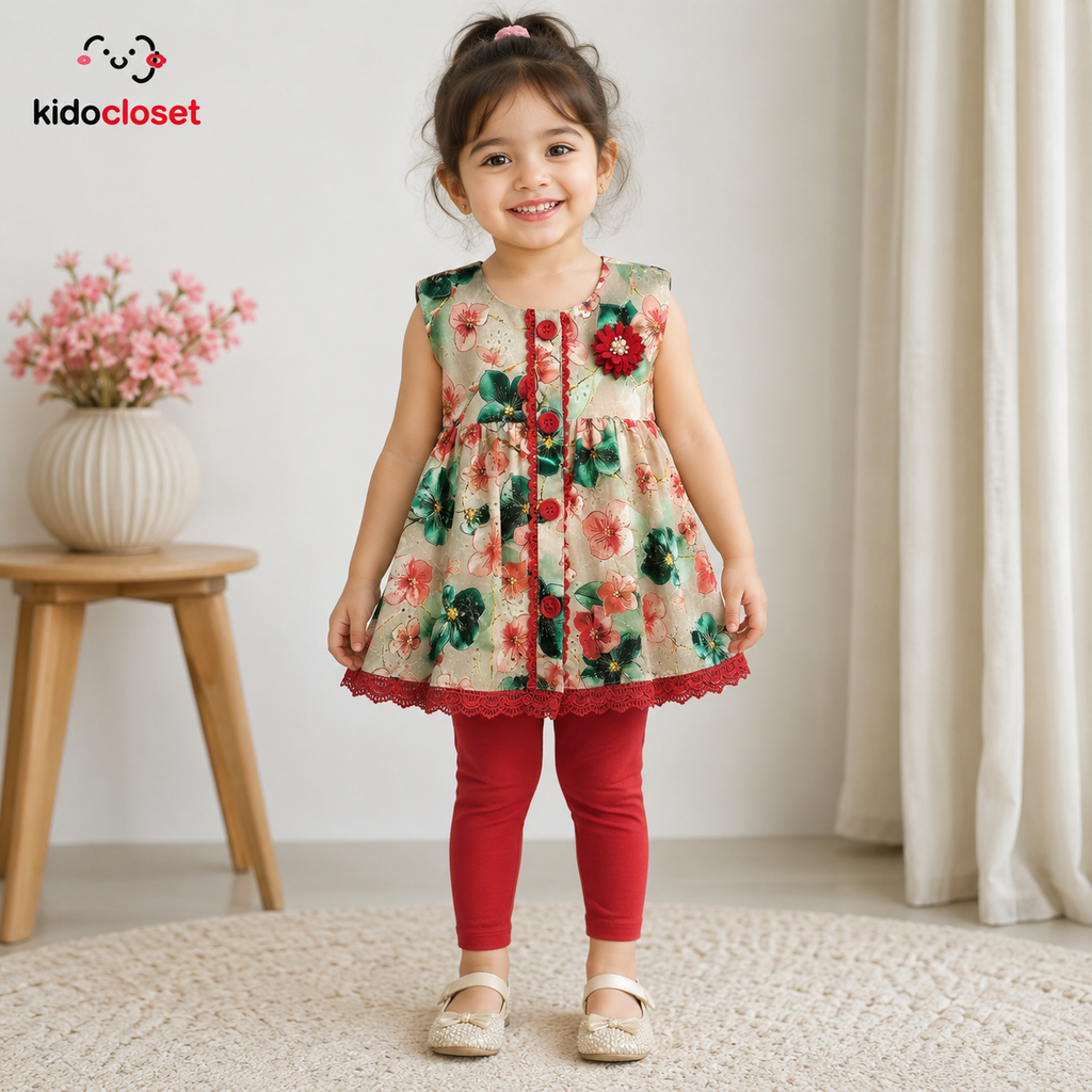 Girls Frock with Matching Red Leggings Set