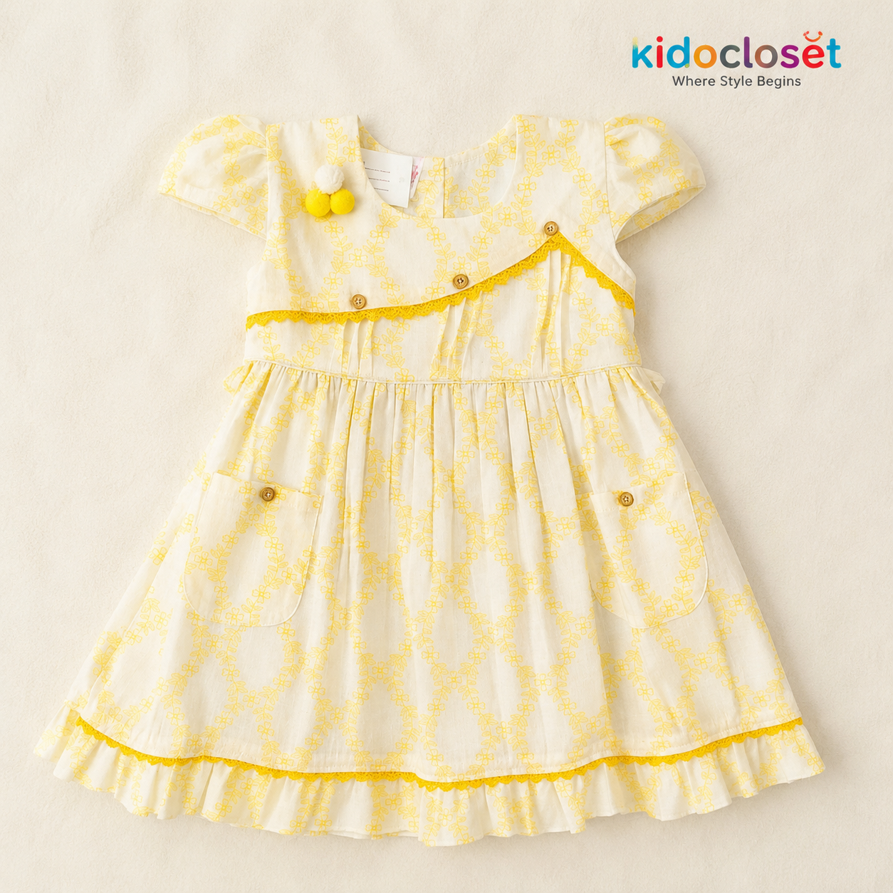 Yellow Floral Pocket Frock for Baby Girls