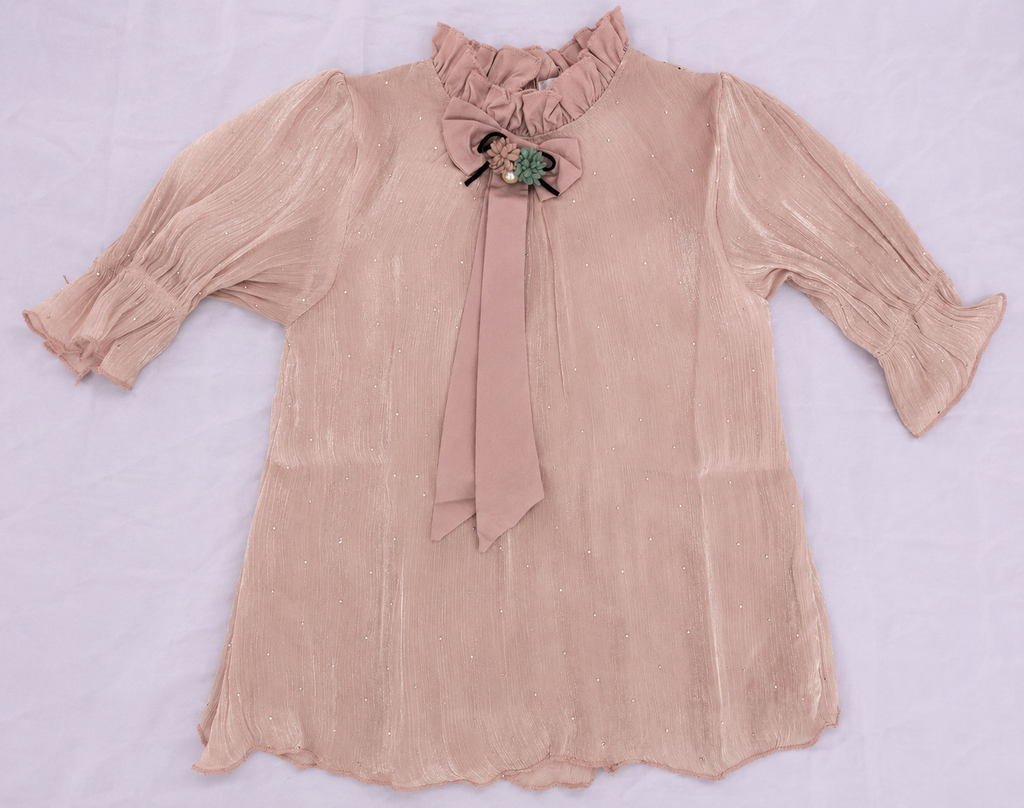 Girls Pearl Embellished Ruffle Neck Chiffon Top with Floral Bow Detail