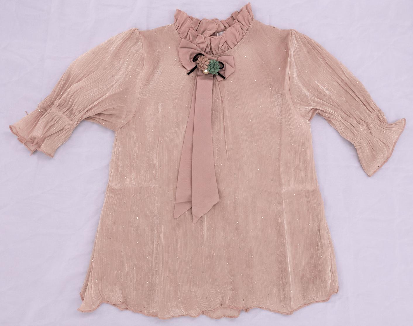 Girls Pearl Embellished Ruffle Neck Chiffon Top with Floral Bow Detail