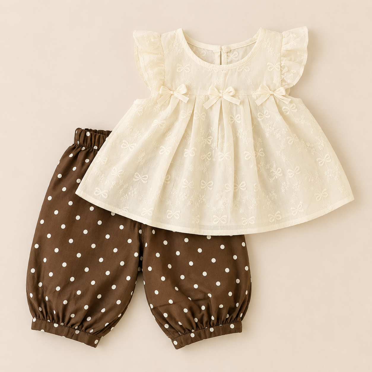 Bow Embroidered Top & Polka Dot Harem Pants Set