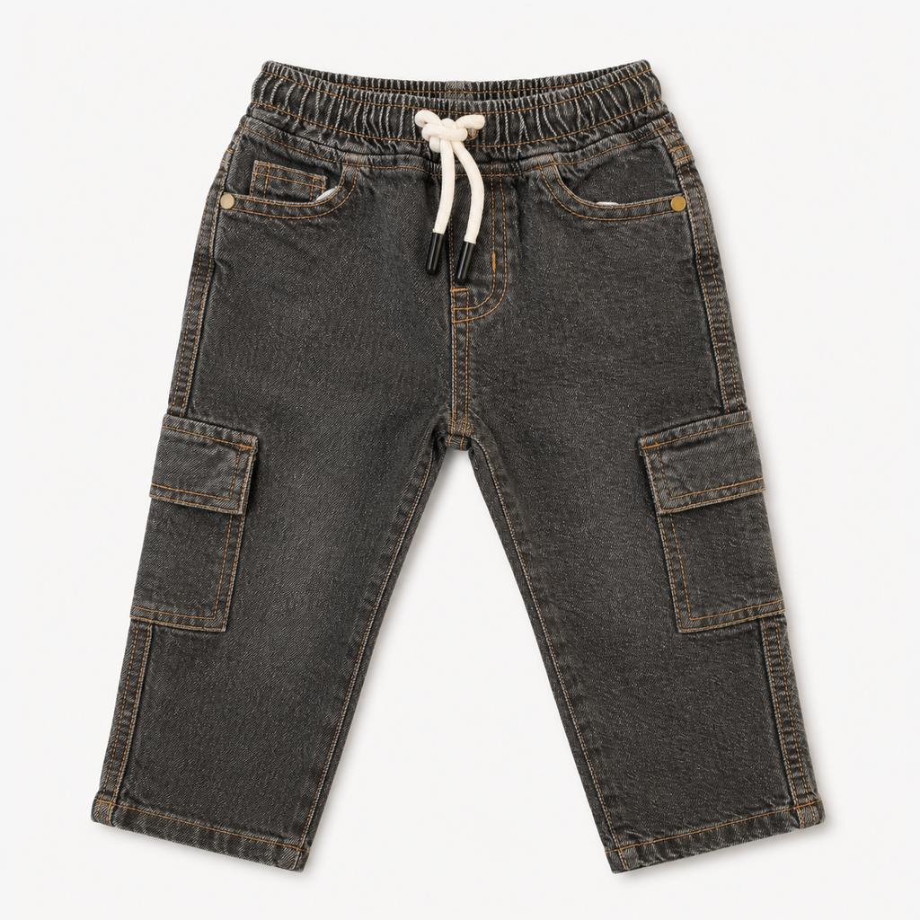 Boys Premium Charcoal Washed Cargo Denim Pant(Black Grey)