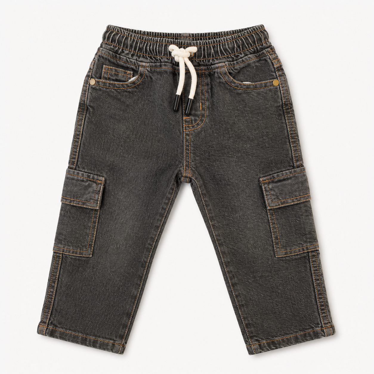 Boys Premium Charcoal Washed Cargo Denim Pant(Black Grey)