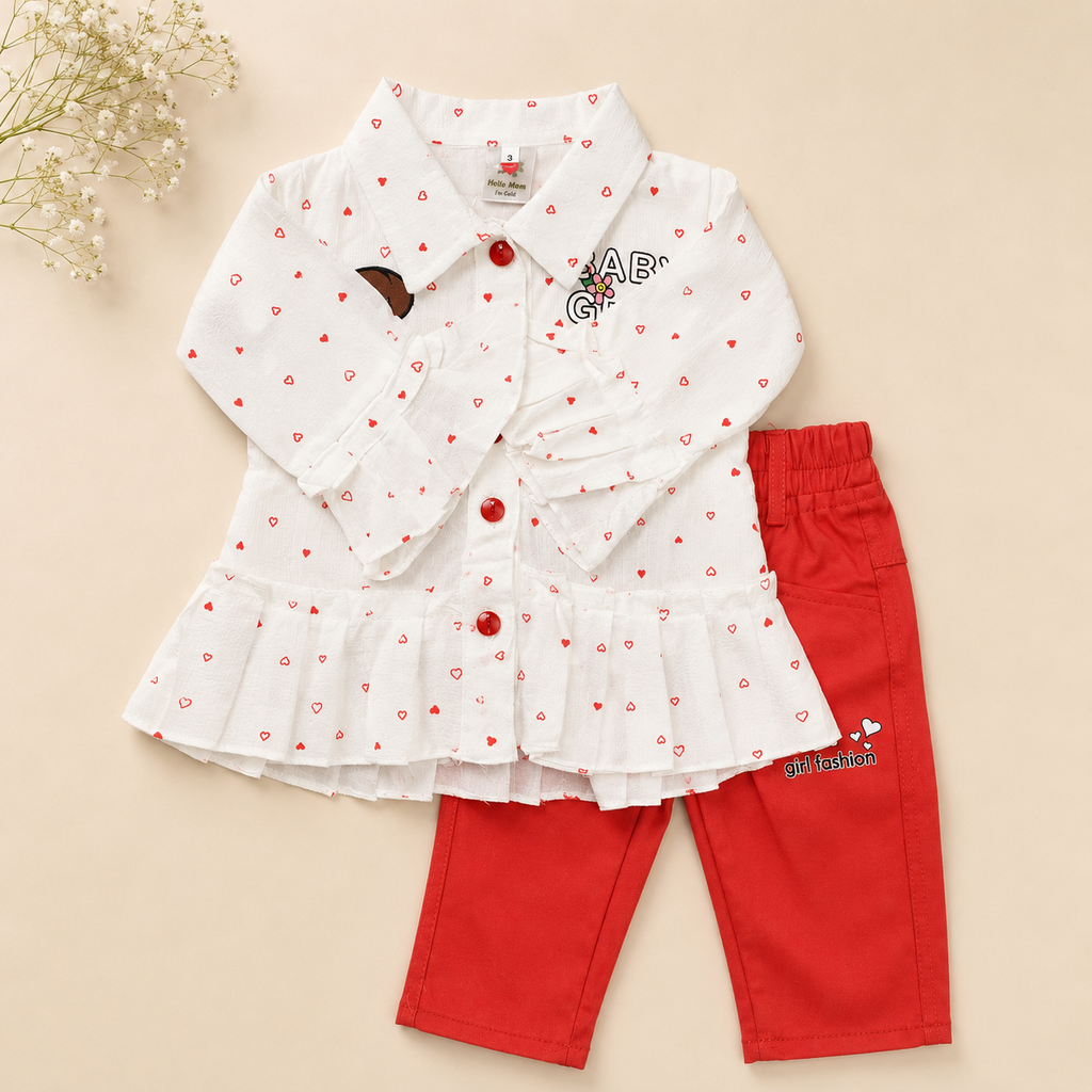 Adorable Heart Print Girls Outfit Set