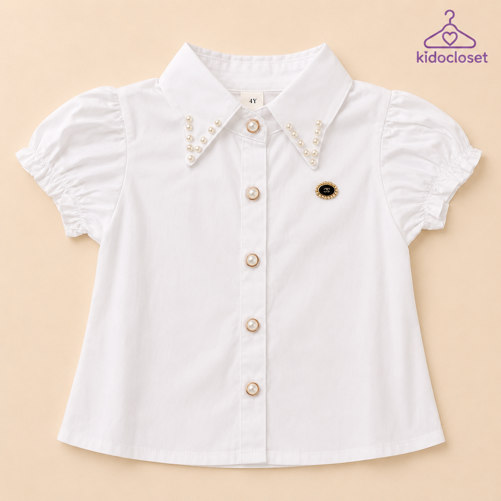 Elegant Pearl Collar Girls White Top