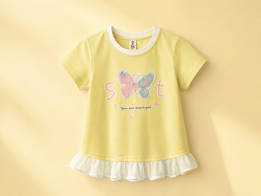 Girls Butterfly Print Frill Hem T-Shirt – Soft & Stylish Casual Wear