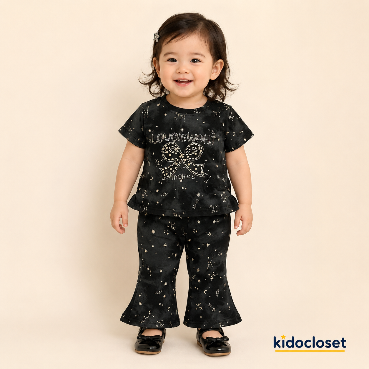 Girls Black Raised Printed Co-Ord Set