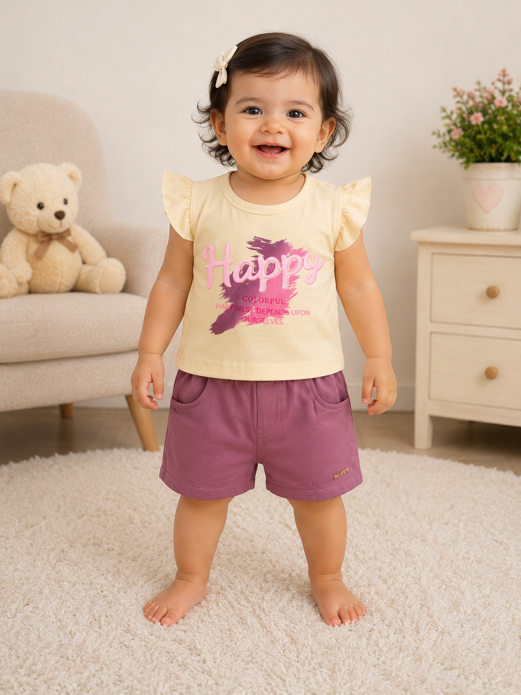 Girls Happy Flutter Sleeve Top & Shorts Set