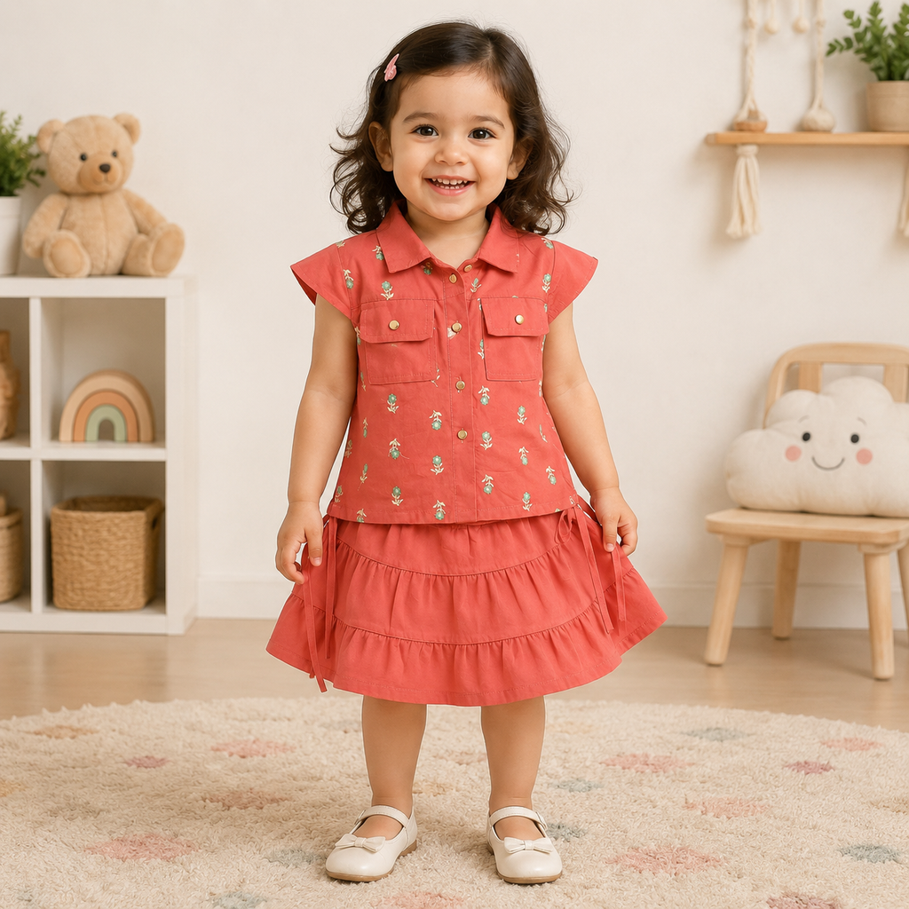 Girls Floral Embroidered Top & Skirt Set