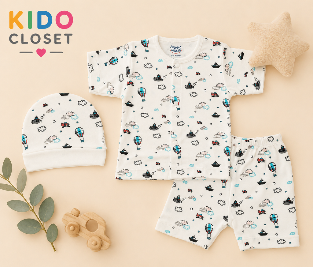 Newborn Printed Shirt, Pajama & Cap Set