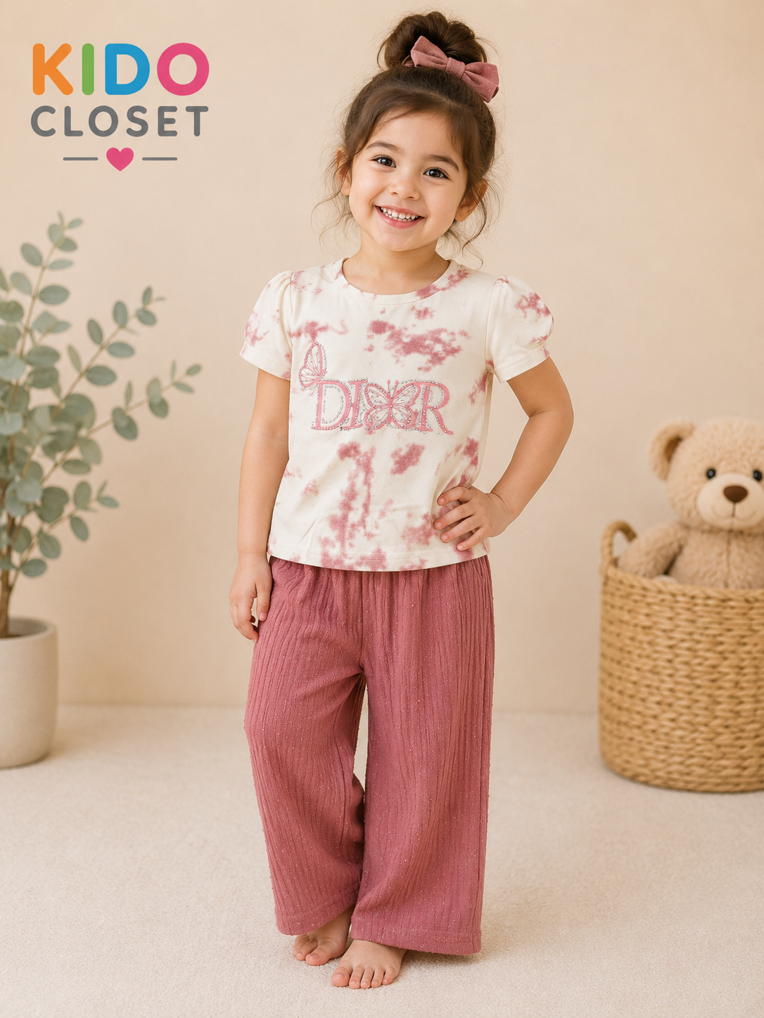 Girls Dior Butterfly Top & Wide Leg Pants Set(Pink)