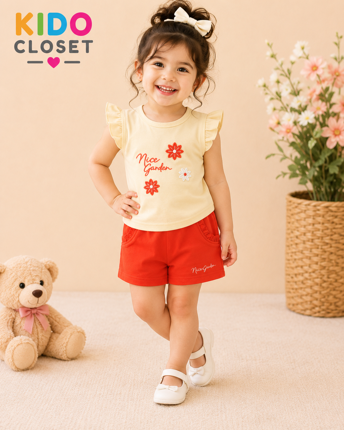 Girls Floral Embroidered Top & Shorts Set