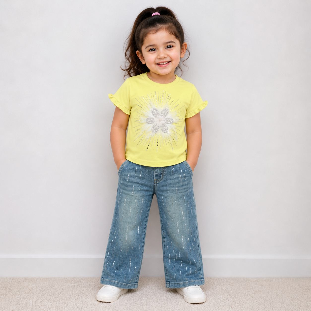 Girls Floral Tee & Beige Jeans Set