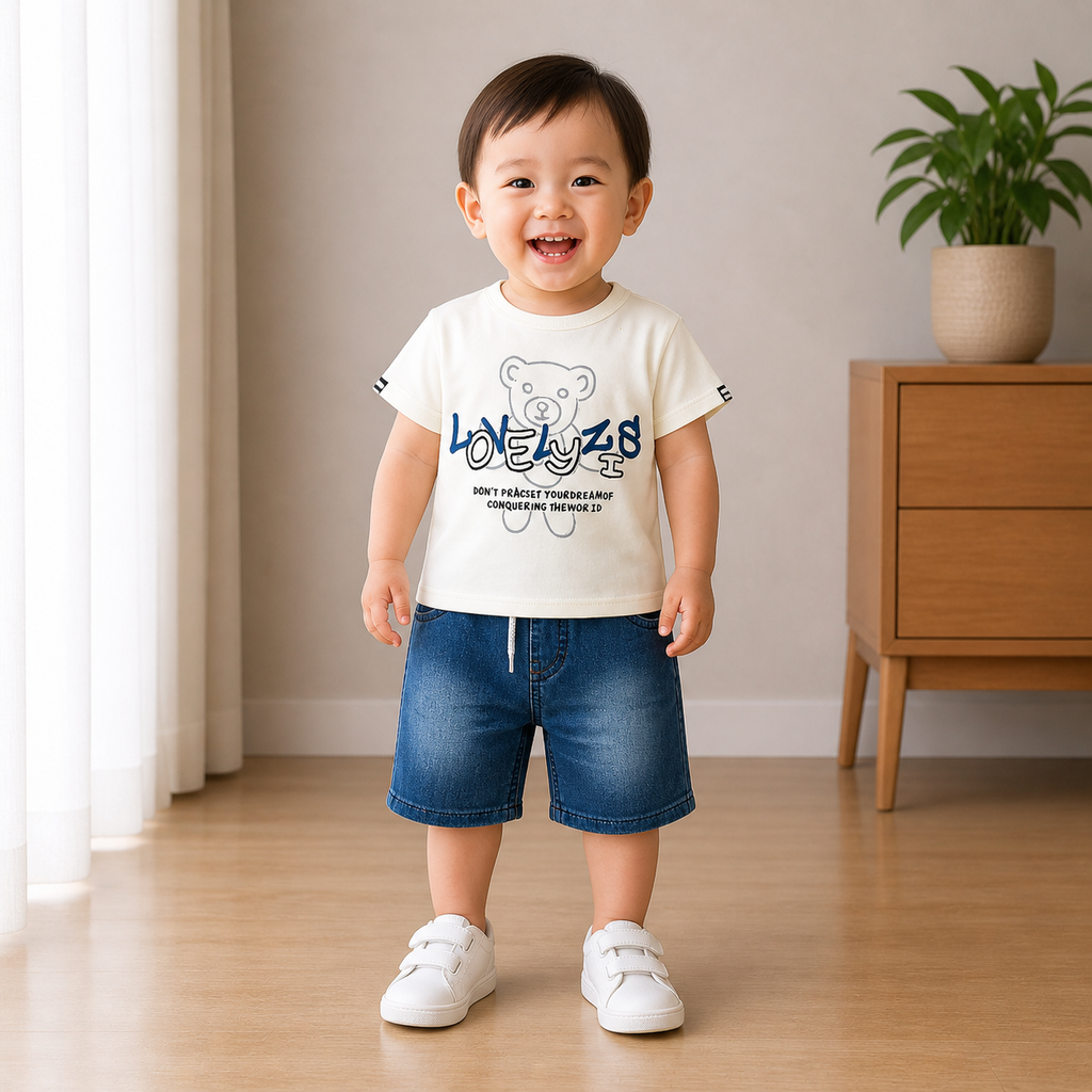 Kids “Lovely” Bear Print T-Shirt & Denim Shorts Set