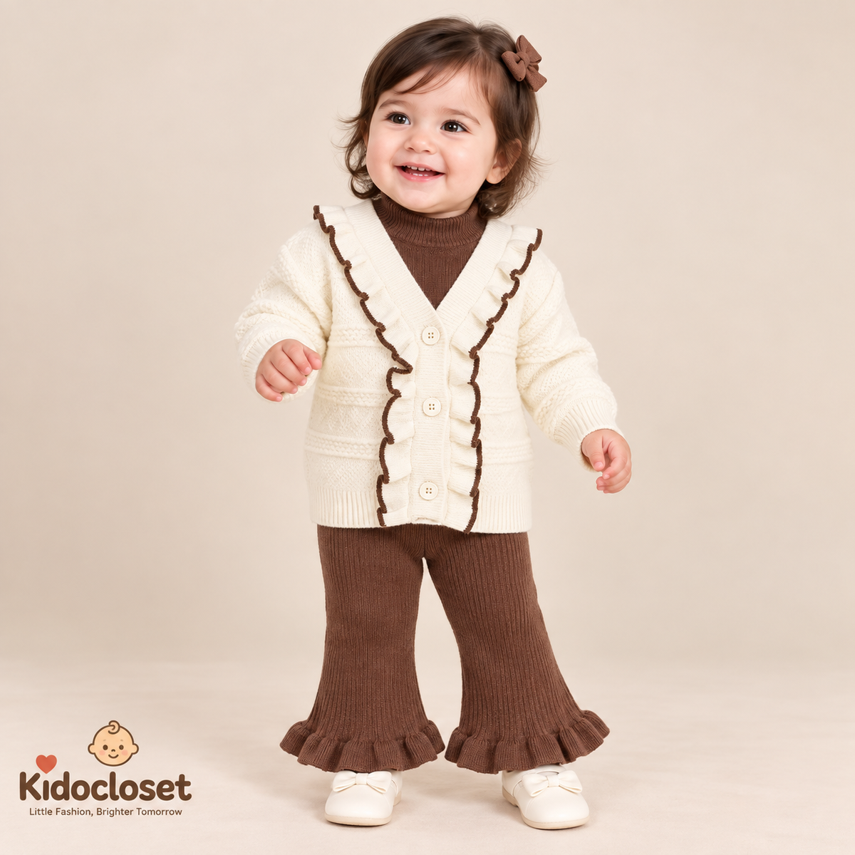 Girls Knitted Wool 2-Piece Winter Set – Ruffle Cardigan & Flared Pants