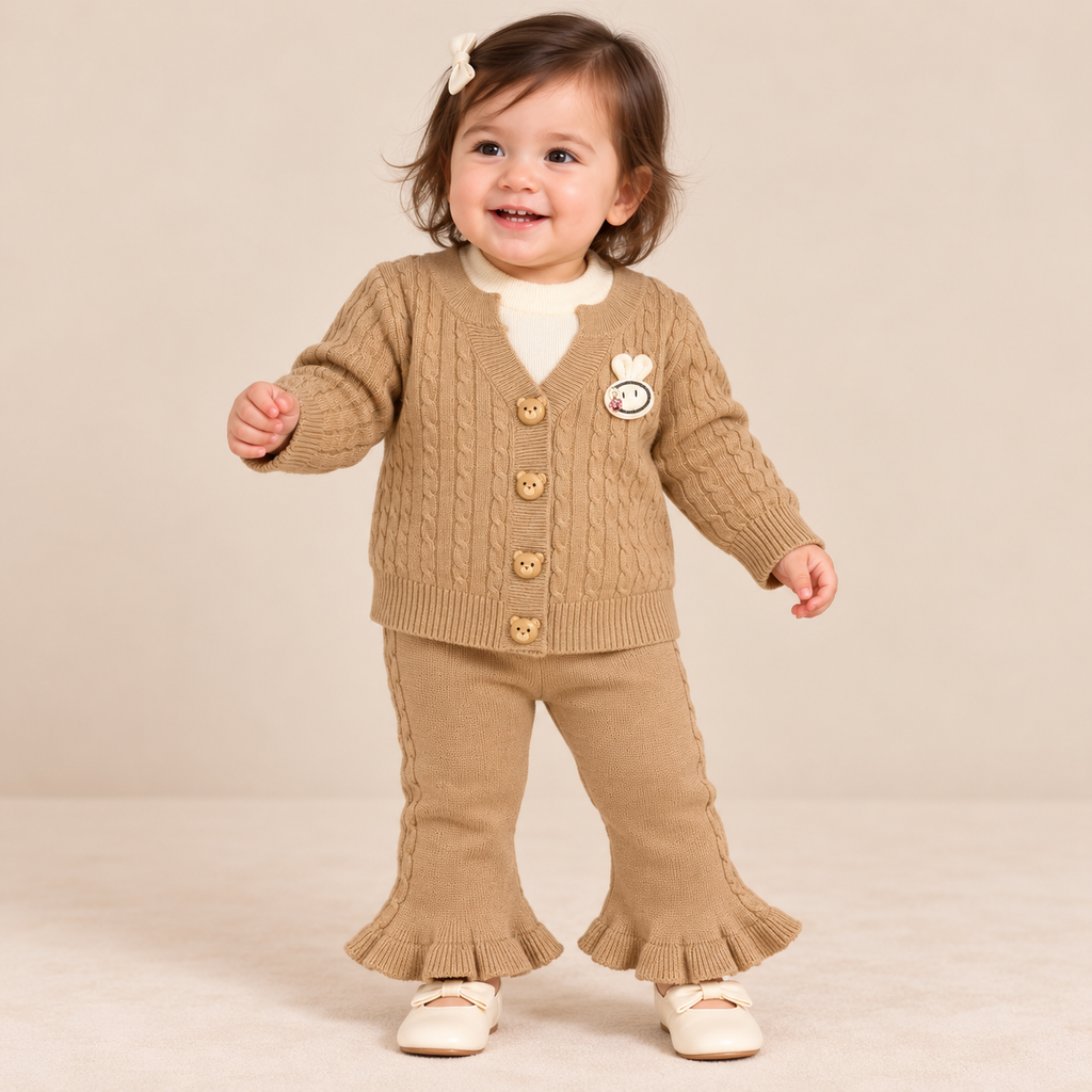 Girls Knitted Wool Cardigan & Flared Pants Set