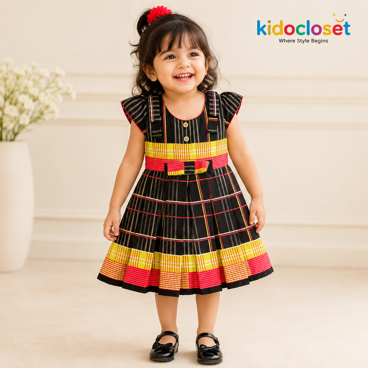 Black Cotton Checkered Party Dress for Girls