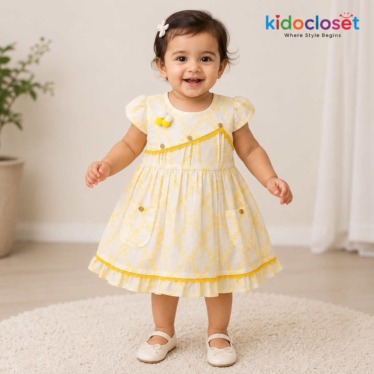 Yellow Floral Pocket Frock for Baby Girls