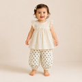 Bow Embroidered Top & Polka Dot Harem Pants Set