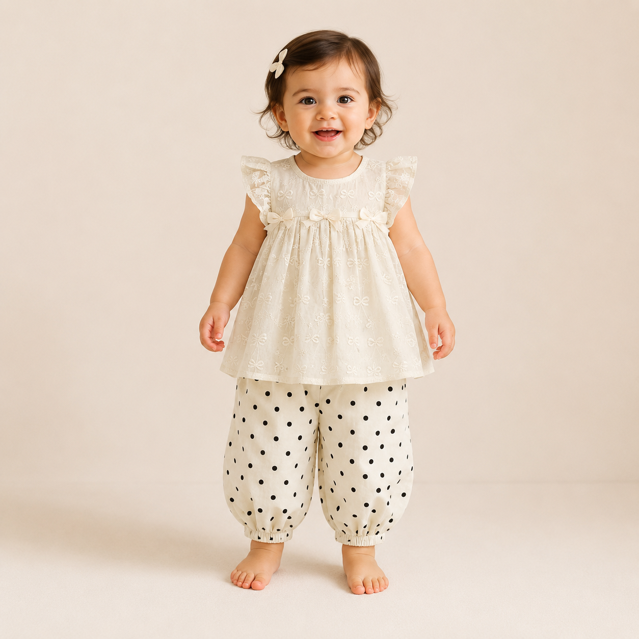 Bow Embroidered Top & Polka Dot Harem Pants Set