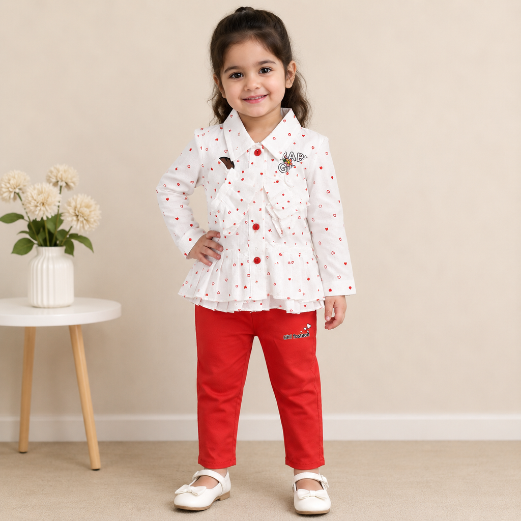 Adorable Heart Print Girls Outfit Set