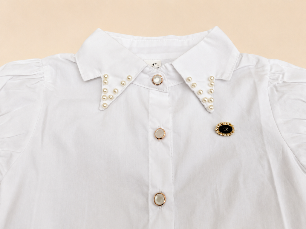 Elegant Pearl Collar Girls White Top