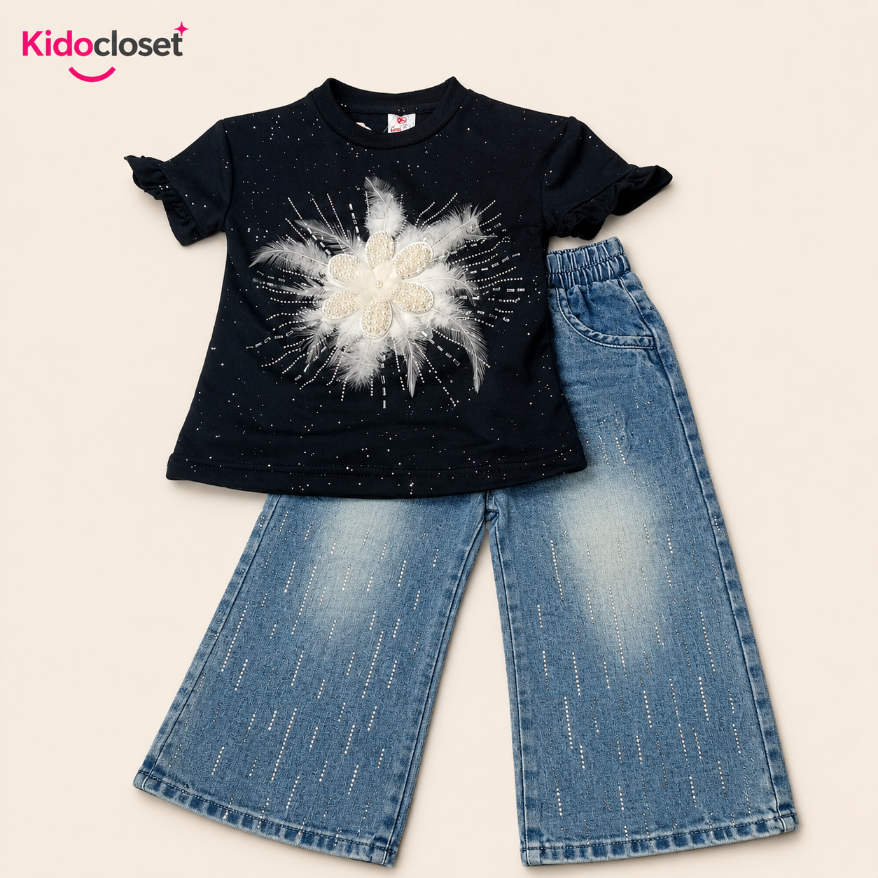 Girls Floral Tee & Beige Jeans Set
