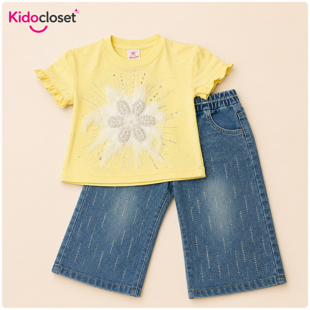 Girls Floral Tee & Beige Jeans Set