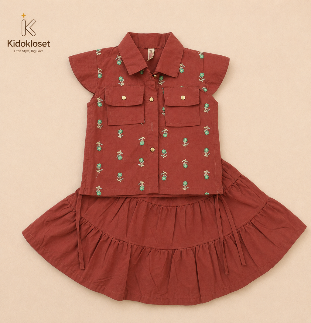 Girls Floral Embroidered Top & Skirt Set