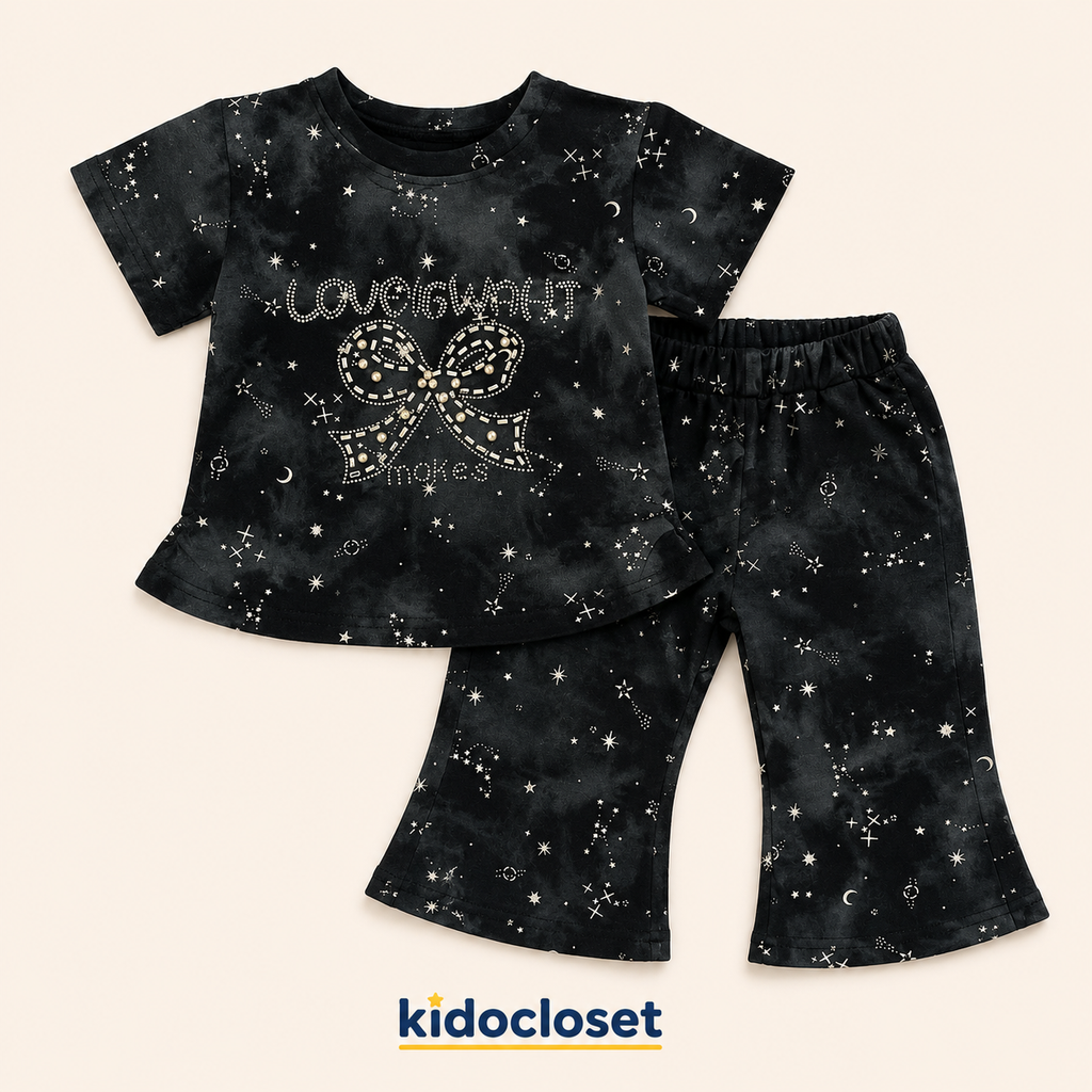Girls Black Raised Printed Co-Ord Set
