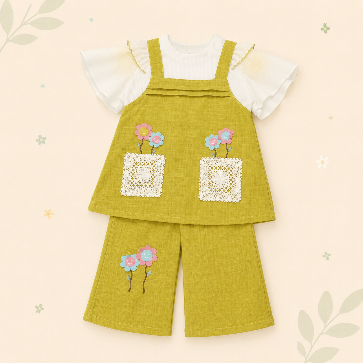 Girls Floral Appliqué Top & Wide Leg Pants Co-Ord Set