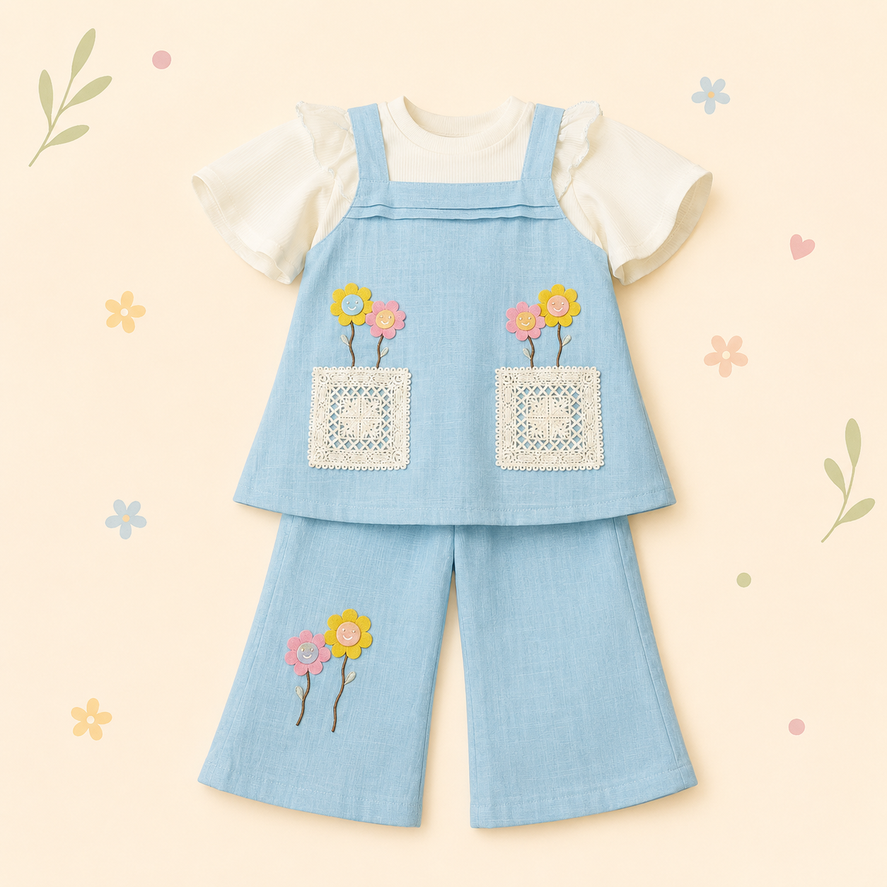 Girls Floral Appliqué Top & Wide Leg Pants Co-Ord Set