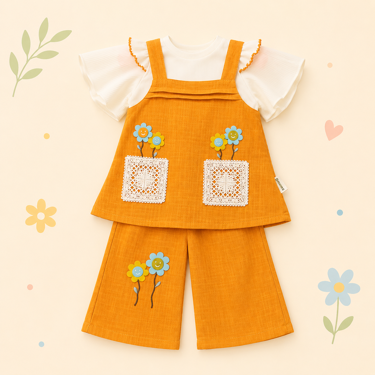 Girls Floral Appliqué Top & Wide Leg Pants Co-Ord Set