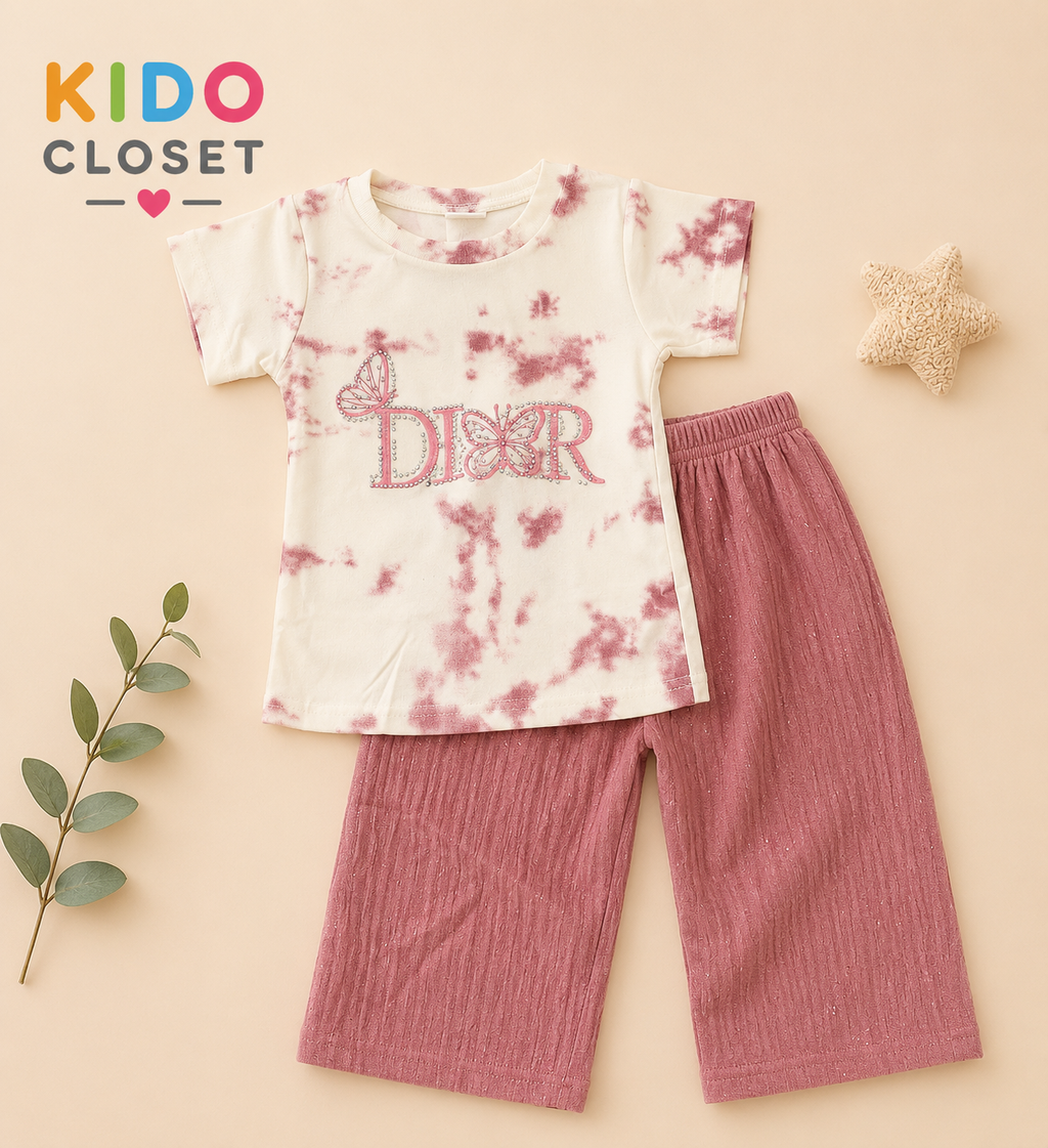 Girls Dior Butterfly Top & Wide Leg Pants Set(Pink)