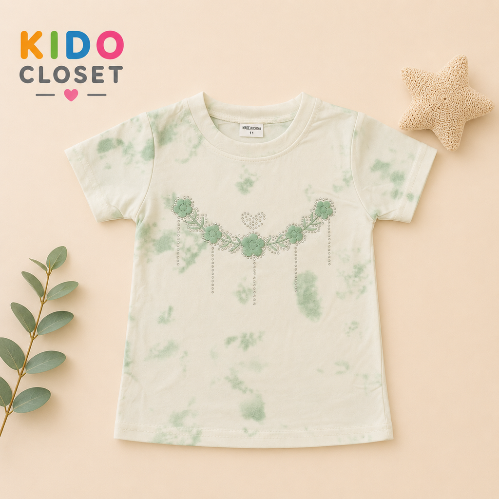 Girls Floral Embellished Top & Wide Leg Pants Set(Mint Green)
