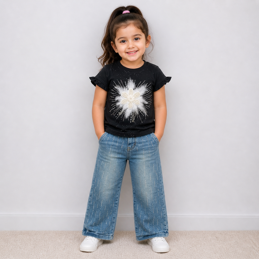 Girls Floral Tee & Beige Jeans Set