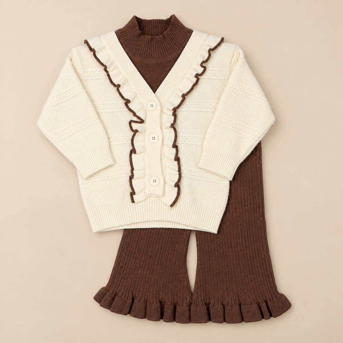 Girls Knitted Wool 2-Piece Winter Set – Ruffle Cardigan & Flared Pants
