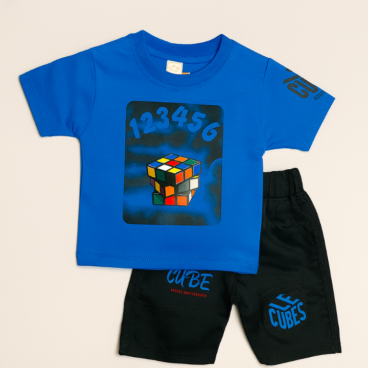 Kids 2-Piece Casual Set – Cube Print (T-Shirt & Shorts)