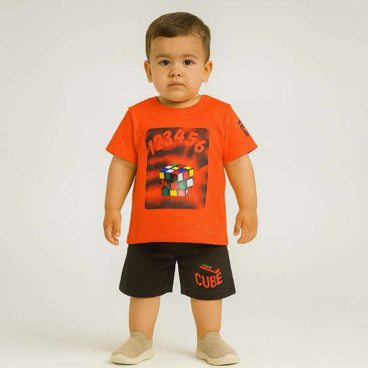 Kids 2-Piece Casual Set – Cube Print (T-Shirt & Shorts)