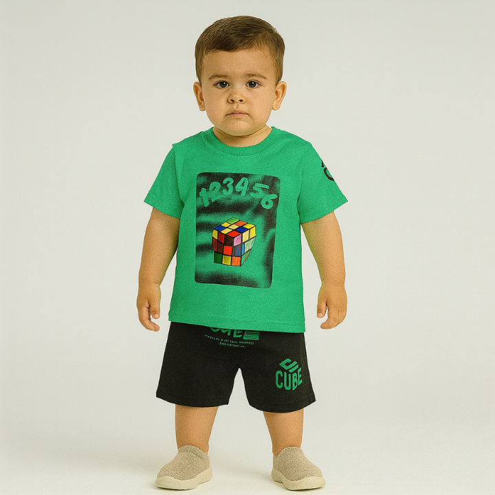 Kids 2-Piece Casual Set – Cube Print (T-Shirt & Shorts)