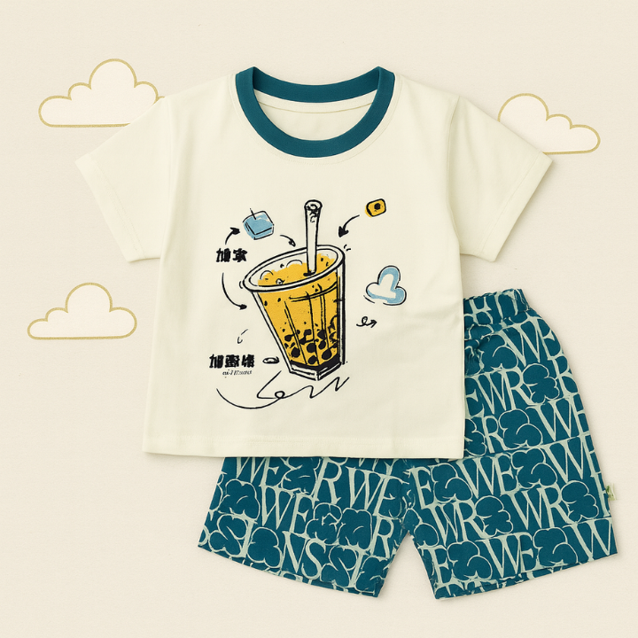 White Graphic T-Shirt and Teal Printed Shorts Set