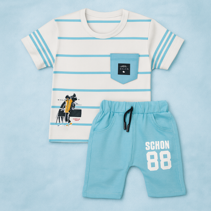 Toddler Boys’ Summer Outfit – White & Sky Blue Striped T-Shirt with Matching Shorts