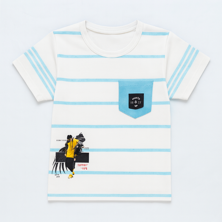 Toddler Boys’ Summer Outfit – White & Sky Blue Striped T-Shirt with Matching Shorts