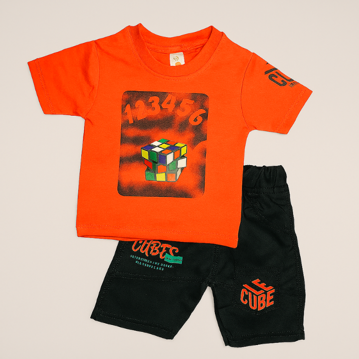 Kids 2-Piece Casual Set – Cube Print (T-Shirt & Shorts)