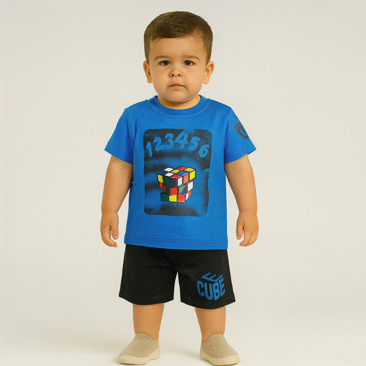 Kids 2-Piece Casual Set – Cube Print (T-Shirt & Shorts)