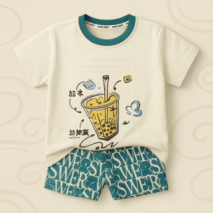 White Graphic T-Shirt and Teal Printed Shorts Set