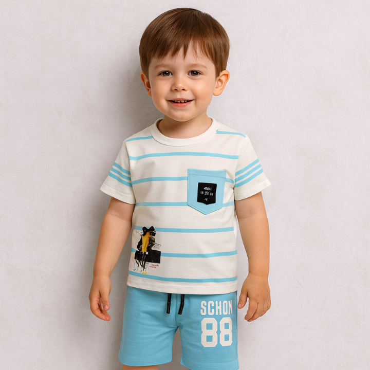 Toddler Boys’ Summer Outfit – White & Sky Blue Striped T-Shirt with Matching Shorts