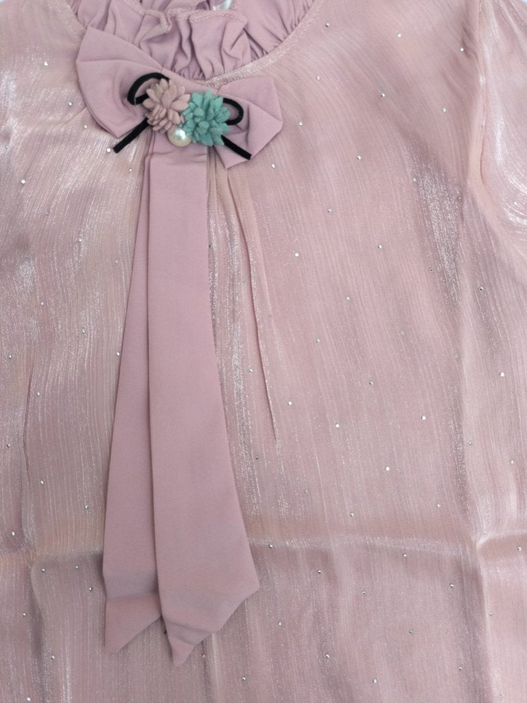 Girls Pearl Embellished Ruffle Neck Chiffon Top with Floral Bow Detail